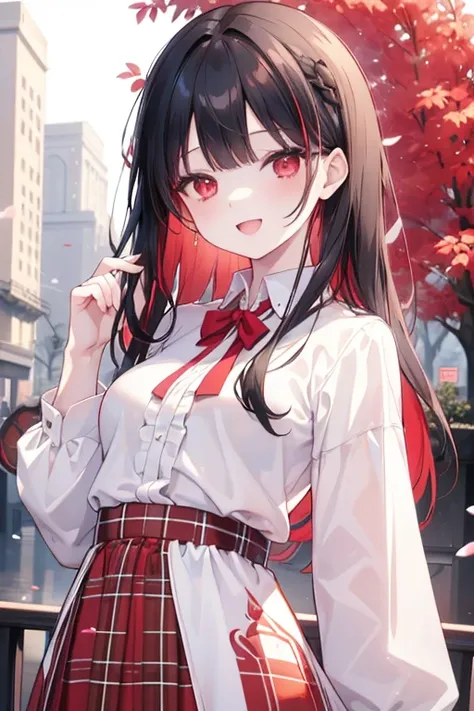 (masterpiece, best quality),  intricate details, 
1girl,black hair, Red eyes,  light red hair, white hair tips, 
small breasts, smiling, opened mouth, wear white shirt, long Sleeve shirt,  Red checkered shirt, Park background