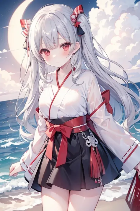 Wavy Gray Hair、bow ribbon、red eyes、Beautiful girl alone、Kimono、a miniskirt、a moon、red blush、sea side