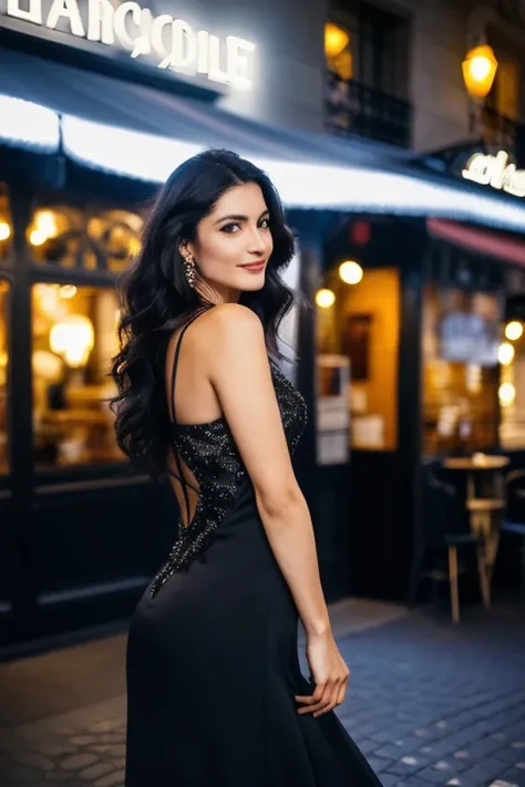 "A photorealistic portrait of a 28-year-old Spanish female model adorned in a chic cocktail black dress, her long black hair cascading down her back, gracefully posing outside a restaurant in Paris at night, full body shot, 8k hdr, intricate attention to d...