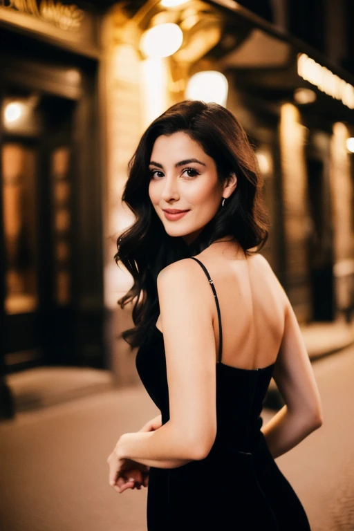 "A photorealistic portrait of a 28-year-old Spanish female model adorned in a chic cocktail black dress, her long black hair cascading down her back, gracefully posing outside a restaurant in Paris at night, full body shot, 8k hdr, intricate attention to d...