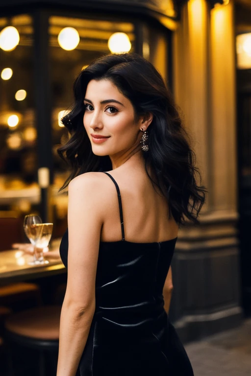 "A photorealistic portrait of a 28-year-old Spanish female model adorned in a chic cocktail black dress, her long black hair cascading down her back, gracefully posing outside a restaurant in Paris at night, full body shot, 8k hdr, intricate attention to d...