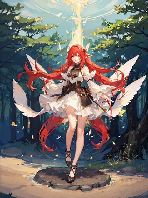 Bright place in the forest, one fairy girl, long red hair, side tails Large volume, fluttering cute outfit Miniskirt length, large
Fairy wings shining beautifully in the light, floating, standing pose