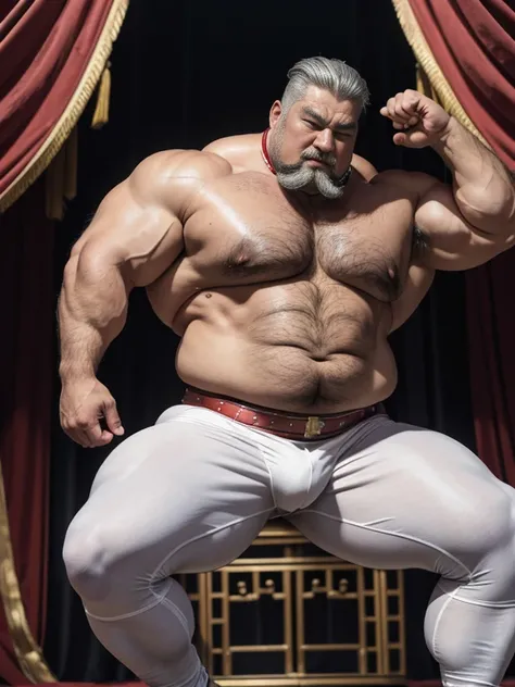  Hyperrealistic image of an elderly grey-haired Korean superhero 19th century steampunk trapeze artist with bare torso combed gray hair and huge handlebar mustaches A super heavy bodybuilder flexing his muscles A full body obese bodybuilder with a very swe...