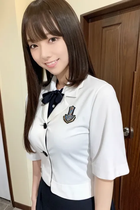 Gravure idol pose　Hotel　uniform　White clothes　high resolution　Not too small bust　Black Mini Skirt　Skirts should be shortened