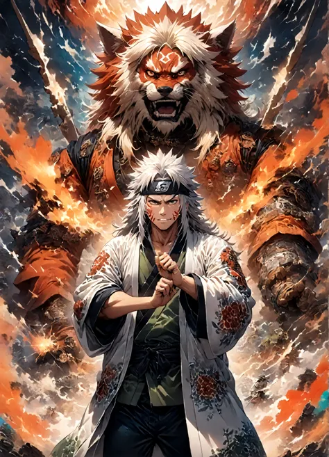 fixes,(1 middle-aged male,jiraiya,green kimono,white haori),alone,comics『naruto』characters,,using ninjutsu,fighting style,sarcas...