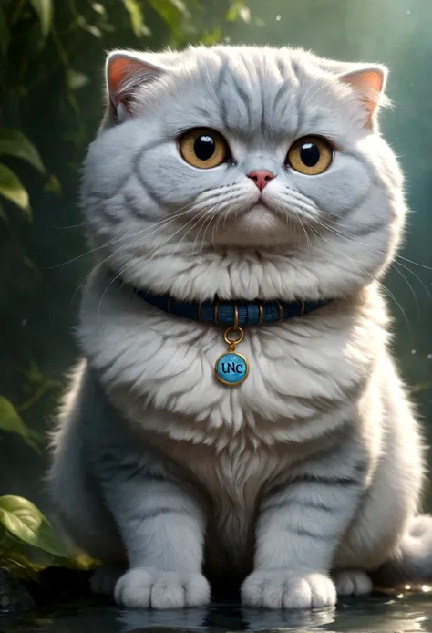 cute adorable Portrait Scottish Fold lightblue cat with a round and puffy body, hot spring, write word "UNC" on chest, adorable digital painting, realistic fantasy art, beautiful digital art