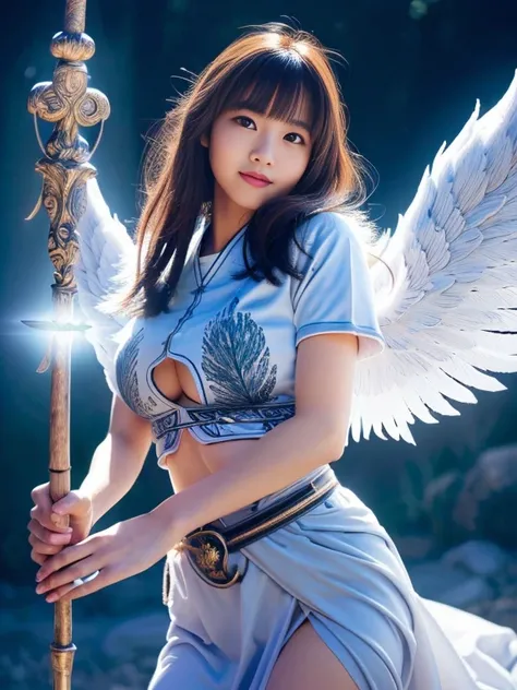 (A cute young Japanese Real Angel:1.5), (She has real Angel wings:1.5),(She wield the sacred staff:2.0),(beautiful detailed eyes:2.0),beautiful detailed lips, extremely detailed eyes and face, longeyelashes, slender woman body, beautiful short hair, natura...