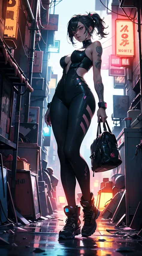 (an artistic photograph of a cyberpunk prostitute),full body shot, centered, (extremely detailed:1.2), (intricate neon slums in the background:1.1), hyper-detailed, (soft lighting:1.2), high resolution, filmic grain.