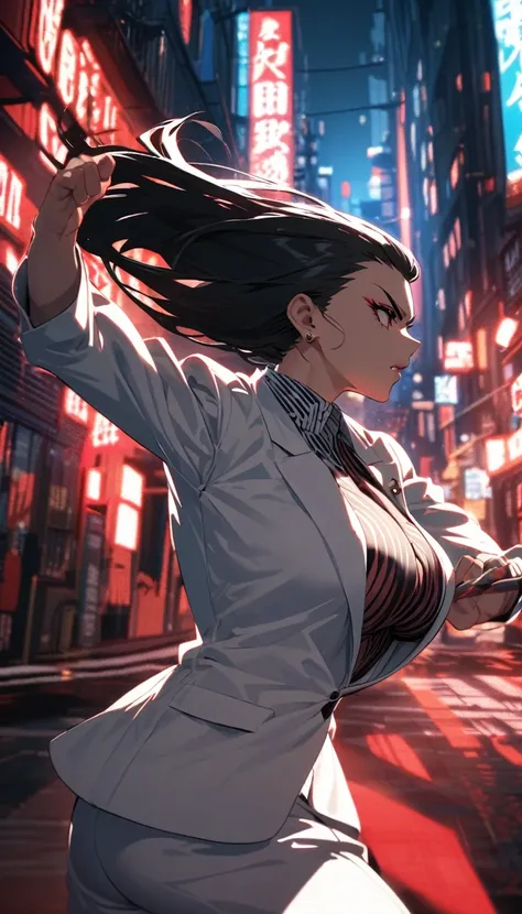 Yakuza female, white, black hair slicked back, large breasts, dressed in a full set of white suit and shirt, in fighting stance,Red light district city background