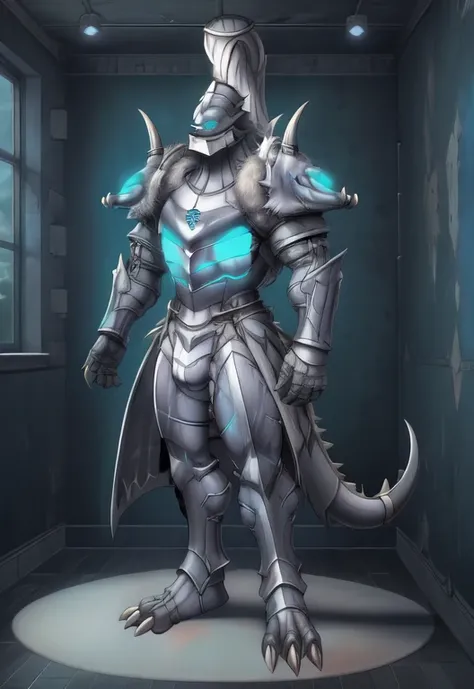 Platinum_Dragon_Lord_Armor, solo, anthro, mammal, nude, male, simple background, glowing eyes, dragon, grey body, blue eyes, fur, glowing, hi res, detailed background, muscle, abs, helmet only, toe claws, full body, underwear, bulge, (pauldron), 1 tail, in...