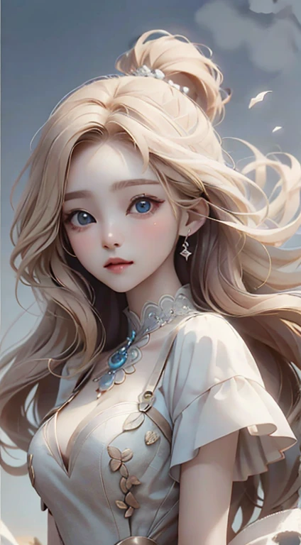 Long hair blowing in the wind, blue eyes, blonde、Masterpiece、Highest quality、Ultra delicate、Beautiful person,Luxury Dresses,high quality、