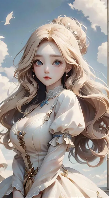 Long hair blowing in the wind, blue eyes, blonde、Masterpiece、Highest quality、Ultra delicate、Beautiful person,Luxury Dresses,high quality、Big beautiful eyes