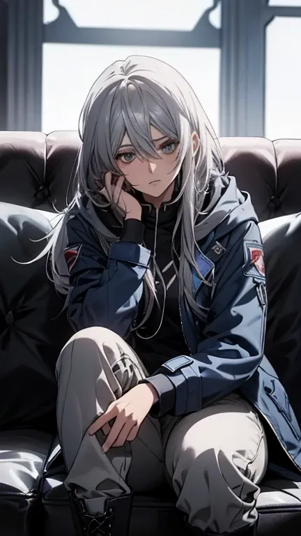 (Confused, High resolution, Very detailed), 1 female, Silver Hair,Long Hair,Blue pilot suit,Hooded coat,Wearing a hood,pants,boots,24th generation,beauty,mature,thin,quiet,Calm,tired,Sitting cross-legged,sofa