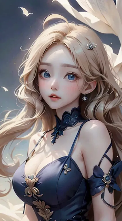 Long hair blowing in the wind, blue eyes, blonde、Masterpiece、Highest quality、Ultra delicate、Beautiful person,Luxury Dresses,high quality、Big beautiful eyes