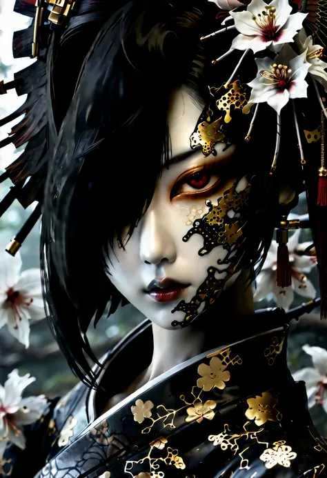 (cyborg geisha cybernetic organism 32k--9:16-ar) carbon fiber mask, hires professional photography of the highest quality, beautiful face shape, perfect anatomy, expressive gaze, dark sci-fi swamp of rotten flowers, misty fog, cyborg tattoos- geishas, ​​bl...