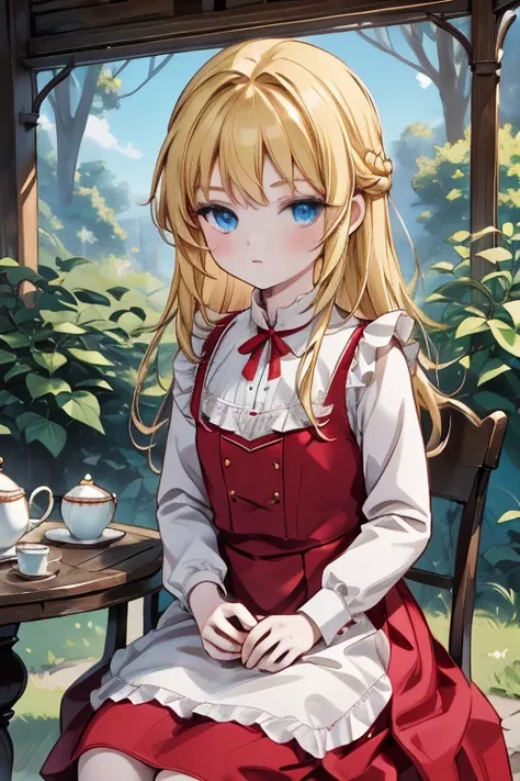 (8k, highest quality, Tabletop:1.2)、Ultra-high resolution, Detailed face, One 10-year-old girl, blue eyes, Blonde, Braid, Long Hair, Red ribbon on head, Red dress, blue sky, in the forest, wood, table cloth, Set of cake and tea on the table, Sit on a chair...