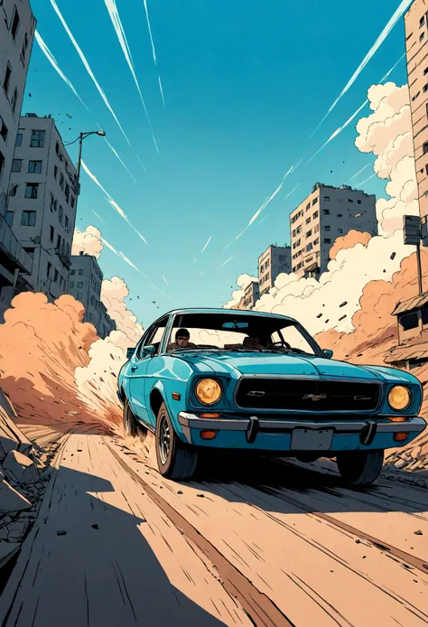 candid view, car chase, epic, action, cinematic, motion trails, colored inked, comics, graphic novel illustration, flat colors, highly detailed, large gradient, paper texture, go pro, color graded illustration, comics page
