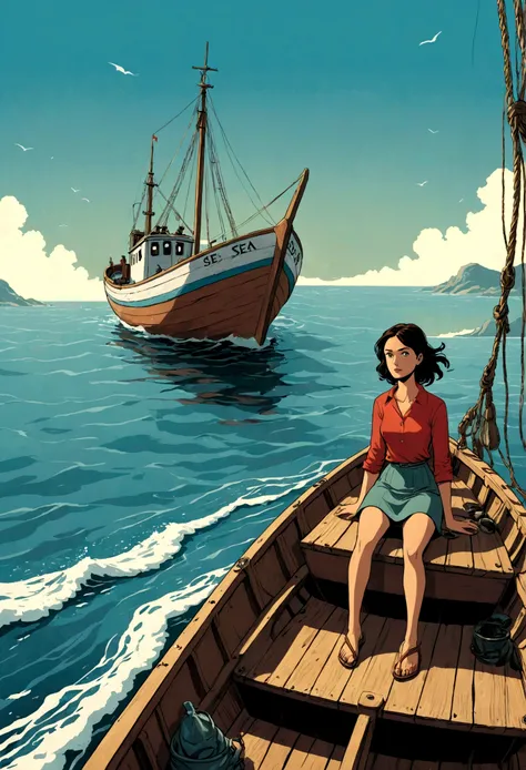 Sea, the fishboat, a woman, graphic novels
