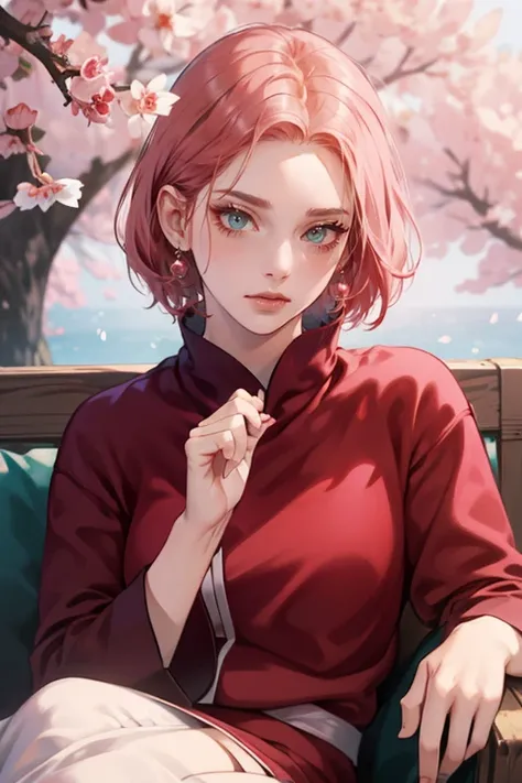 young woman, pale skin, short bubblegum pink hair, wide forehead, emerald green eyes, buttoned nose, peach lips, heart-shaped face, slender, red clothes, Sakura Haruno, 3d, realism, angelic face, maya in net
