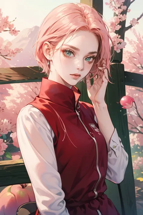 young woman, pale skin, short bubblegum pink hair, wide forehead, emerald green eyes, buttoned nose, peach lips, heart-shaped face, slender, red clothes, Sakura Haruno, 3d, realism, angelic face, maya in net
