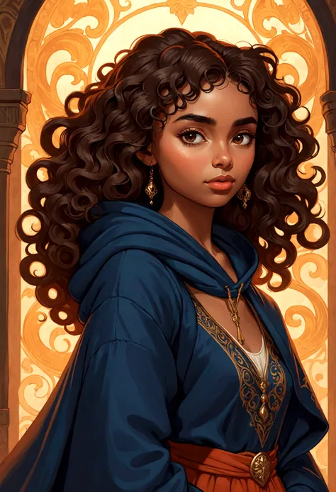 Lily Collins（Lily Collins）Detailed illustration of a curly black girl wearing a hoodie and medieval dress, Soft and bright, HD artwork by Greg Hildebrandt, Liu Citemer, Sergek Stepan, Samyang, Aykut Edodu, Justin Gerard, Alphonse Mucha, type germ, WLOP and...