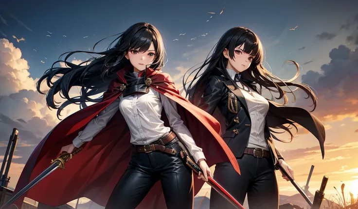 One-eyed adult woman with long black hair，，large cape，cleveage，trousers，musket，Western style saber，battlefield，