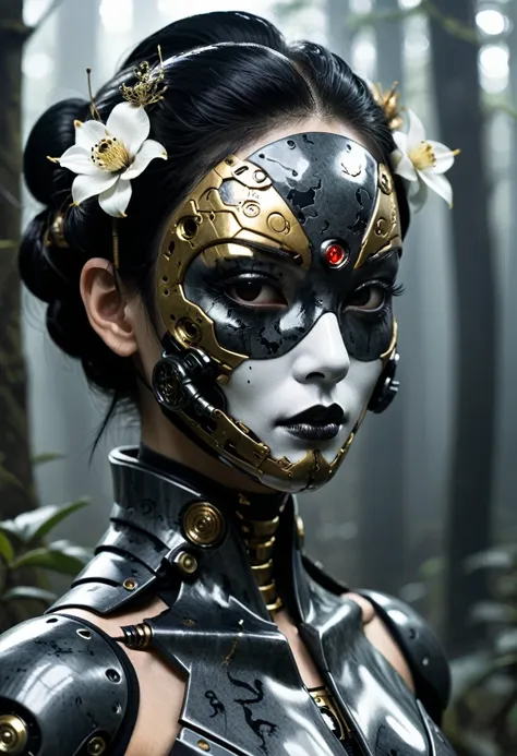 (cyborg geisha cybernetic organism 32k--9:16-ar) carbon fiber mask, hires professional photography of the highest quality, beautiful face shape, perfect anatomy, expressive gaze, dark sci-fi swamp of rotten flowers, misty fog, cyborg tattoos- geishas, ​​bl...