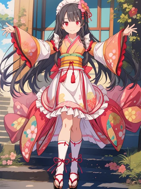 pixai,  Intricate details, High resolution, highest quality, High resolution,
Dynamic pose,
Outdoor,
smile,
(Stand on one foot on tiptoes),
(Outstretched arms:1.2),
break,
Single braid,
Black Hair,
Red eyes,
(Flat Chest:1.1),
 Frills, kimono, Hair Flowers,...