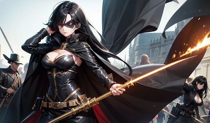 One-eyed adult woman with long black hair，Eye mask，，large cape，cleavage，trousers，musket，Western style saber，battlefield，