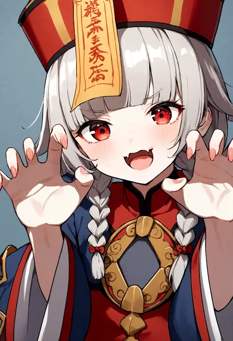 1girl, solo, jiangshi, twin braids, blunt bangs, red eyes,
qingdai guanmao with a ofuda, chinese clothes,
claw pose, small fangs