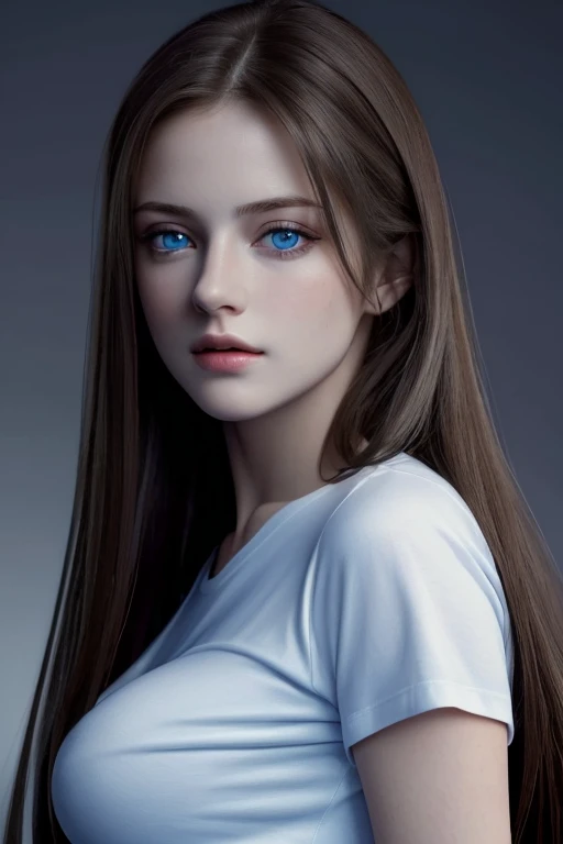 bestquality, masterpiece, ultra-high resolution, (photorealistic portrait:1.37), RAW photo, 1girls, long straight hair, beautidul blue eyes,  Exquisite Face, Detailed eyes and face, t-shirt, big breasts: 1.5, G cup, Dynamic lighting, In the dark, Deep Shad...