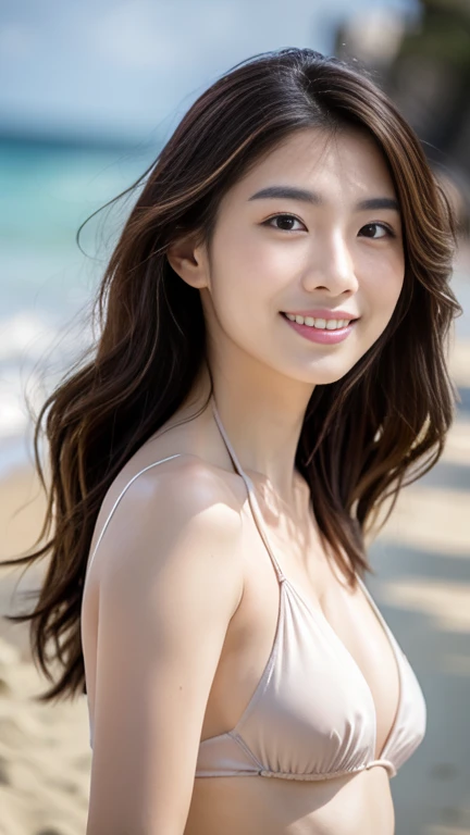 Very detailedな  8k 壁紙, highest quality, Very detailed, Looking into the camera:1.2, The light shines on your face:1.5, Professional Lighting, 28 years old, woman, Japanese, White sand beach－spend, Hairstyle: Long natural waves, hair color: Deep cocoa brown...