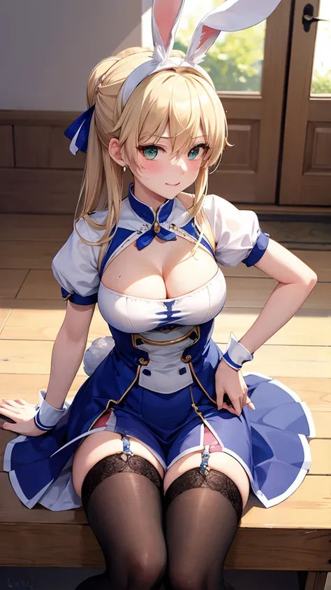 Rabbit Arturia&#39;s hairstyle, Costume Rabbit Artoria, One girl, Pectoral muscle, alone, Blonde Hair, Green Eyes, French Braidings, Long Hair, Big ample breasts, Cleavage, ponytail, Side Lock, Bans, belly button, Looking up at the viewer, Bare shoulders, ...