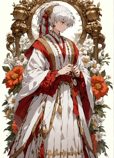 inuyasha em um cambo belo de flores brancas pronto para luta