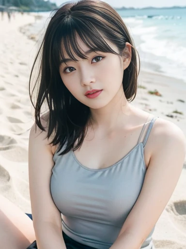 Japanese female 1 person, Middle-aged women: 0.1, Realistic, Exquisite face, alone, Large Breasts, Tight grey tank top. Beach, (White skin: 1.8, ), The look of temptation, Warm lighting: Sunny day, (RAW Photos:1.2), (Realistic), Full body shot,