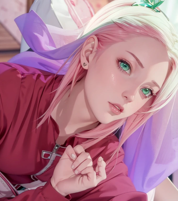 young woman, pale skin, short bubblegum pink hair, wide forehead, emerald green eyes, buttoned nose, peach lips, heart-shaped face, slender, red clothes, Sakura Haruno, 3d, realism, angelic face, maya in net
