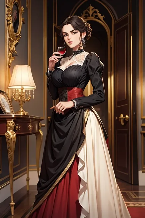 1 garota, longos cabelos ruivos, olhos vermelhos, thin lips, rosto redondo, seios enormes cobertos, quadris largos, wearing clothes of the Victorian aristocracy,um vestido vermelho de gala,uma duquesa, arrogant and ironic look, standing holding a glass of ...