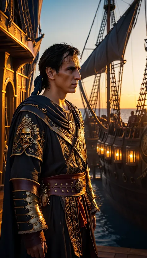 As the sun began to set, The warm golden hues of the sun illuminated his ornate attire, casting a warm glow across the area, Julius Caesar writing poetry on a pirate ship, background dark, hyper realistic, ultra detailed hyper realistic, photorealistic, St...