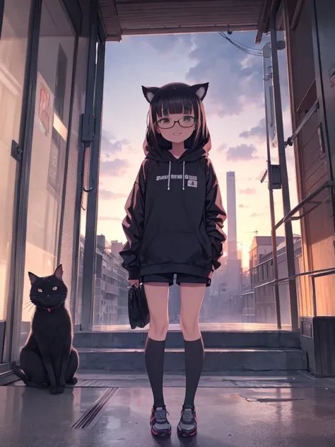 One Girl、Outdoor、field、Straight bangs、Long Hair、Bluish black hair、Black-rimmed glasses、Red hoodie、camp site、With black cat、Black tights、White shorts、(Grin)、Watching the audience、