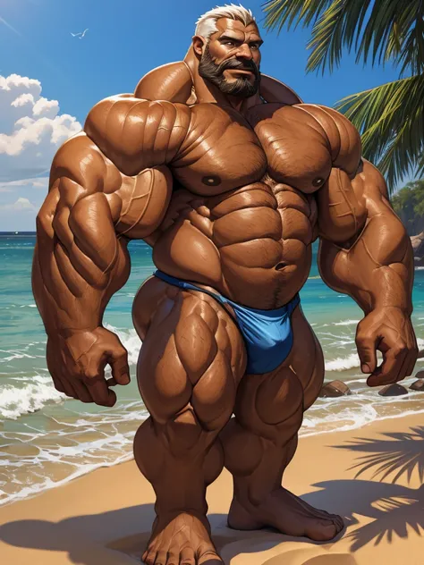 beach, side view, extremely huge muscular, massive muscular, full-body, well-muscled old man and showing back muscle, shirtless, nude. ((extremely muscle size, super thick arms, huge back, extremely wide back and shoulder , huge arms)).  and add details to...