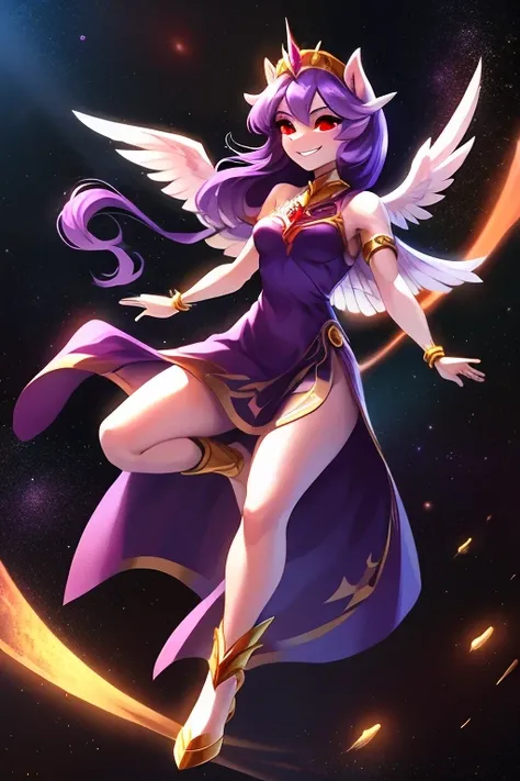 "((better quality)), ((solo girl)), full body, anthrophomorphic female pony, white skin, red eyes pulpils, smiling expression,white bird long wings and long dark purple hair, purple godddess dress, golden bracess, golden feet bracess, flying pose ((space b...