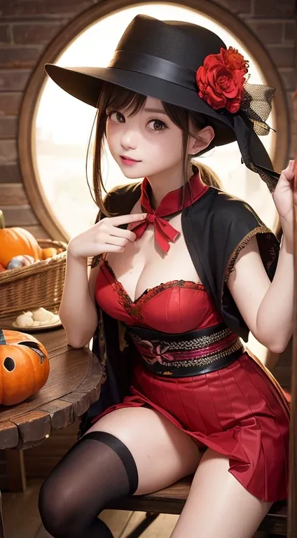 (High resolution、high quality、Tabletop、masterpiece、high quality)、solo、17 years old , cute、Japanese、One Girl, Trick or Treat, Halloween, Jack-o&#39;-Lantern, Basket with lots of candy, (Halloween Costume:1.2), ((Dark Light Medium Shorthair:1.25, Upstyle, Wa...