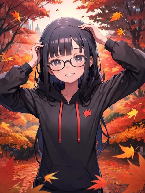 One Girl、Straight bangs、Long Hair、Bluish black hair、Black-rimmed glasses、Red hoodie、Black tights、White shorts、(Grin)、Watching the audience、Upper Body、Autumn scenery、autumn leaves、Leaning body、tilting the head、peer down at the viewer、