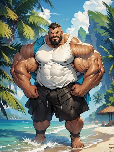 beach, side view, extremely huge muscular, massive muscular, full-body, well-muscled old man and showing back muscle. ((extremely muscle size, super thick arms, huge back, extremely wide back and shoulder , huge arms)).  and add details to make it attracti...