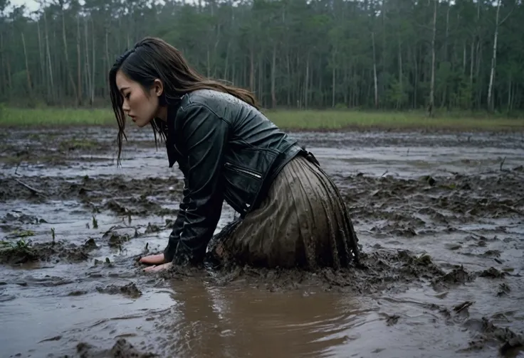 8k, ultra-detailed, documentary drama photo, grainy film photo, side view, close-up, masterpiece,muted colors, muffled light, dusk, rainy, moody, woman drowning in forest mud bog, shame expression, muddy stockings, messy pencil skirt, light turtleneck, mes...