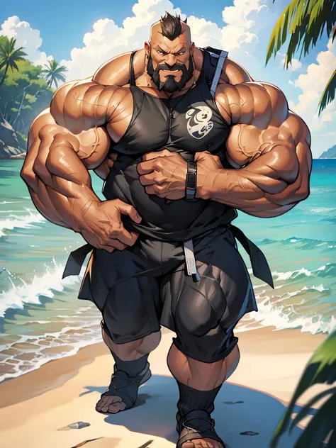 beach, extremely huge muscular, massive muscular, full-body, well-muscled old man. ((extremely muscle size, super thick arms, huge back, extremely wide back and shoulder , huge arms)).  and add details to make it attractive and interesting. Add textures an...