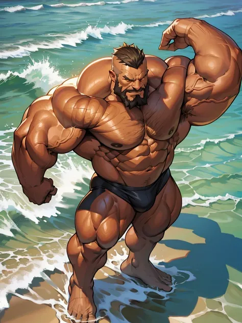 beach, extremely huge muscular, massive muscular, full-body, well-muscled old man. ((extremely muscle size, super thick arms, huge back, extremely wide back and shoulder , huge arms)).  and add details to make it attractive and interesting. Add textures an...