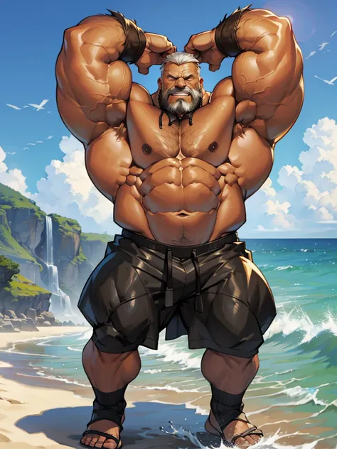 beach, extremely huge muscular, massive muscular, full-body, well-muscled old man. ((extremely muscle size, super thick arms, huge pec, extremely wide pectoral , huge arms)).  and add details to make it attractive and interesting. Add textures and details ...