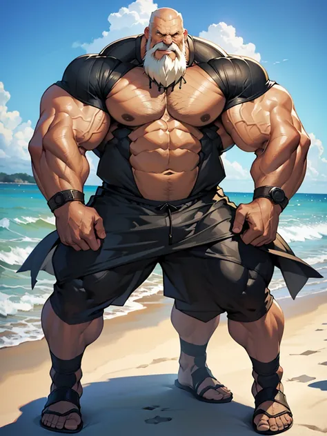 beach, extremely huge muscular, massive muscular, full-body, well-muscled old man. ((extremely muscle size, super thick arms, huge pec, extremely wide pectoral , huge arms)).  and add details to make it attractive and interesting. Add textures and details ...