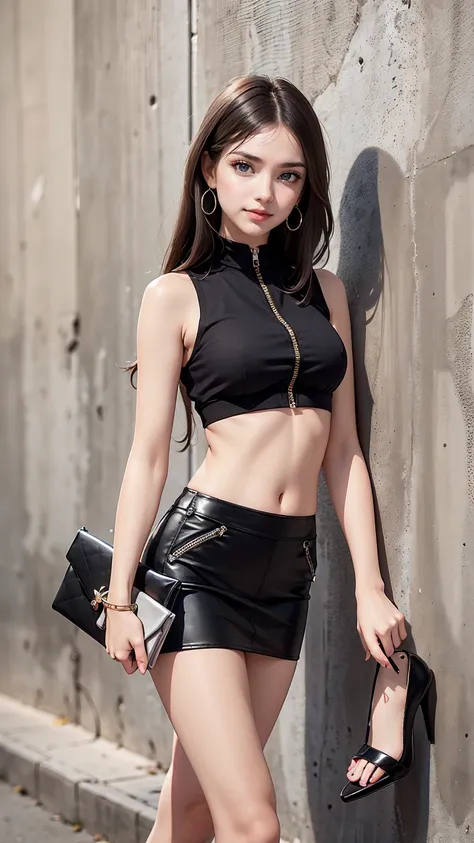 26 year old Caucasian female、Wear a black sleeveless zipper-up top、Navel visible、Lower milk visible、Wear a low-rise black mini skirt、Wear stiletto heels、Have a clutch bag、long hair、Silver Hair、smile、Leaning against an old concrete wall with an art mural、sm...